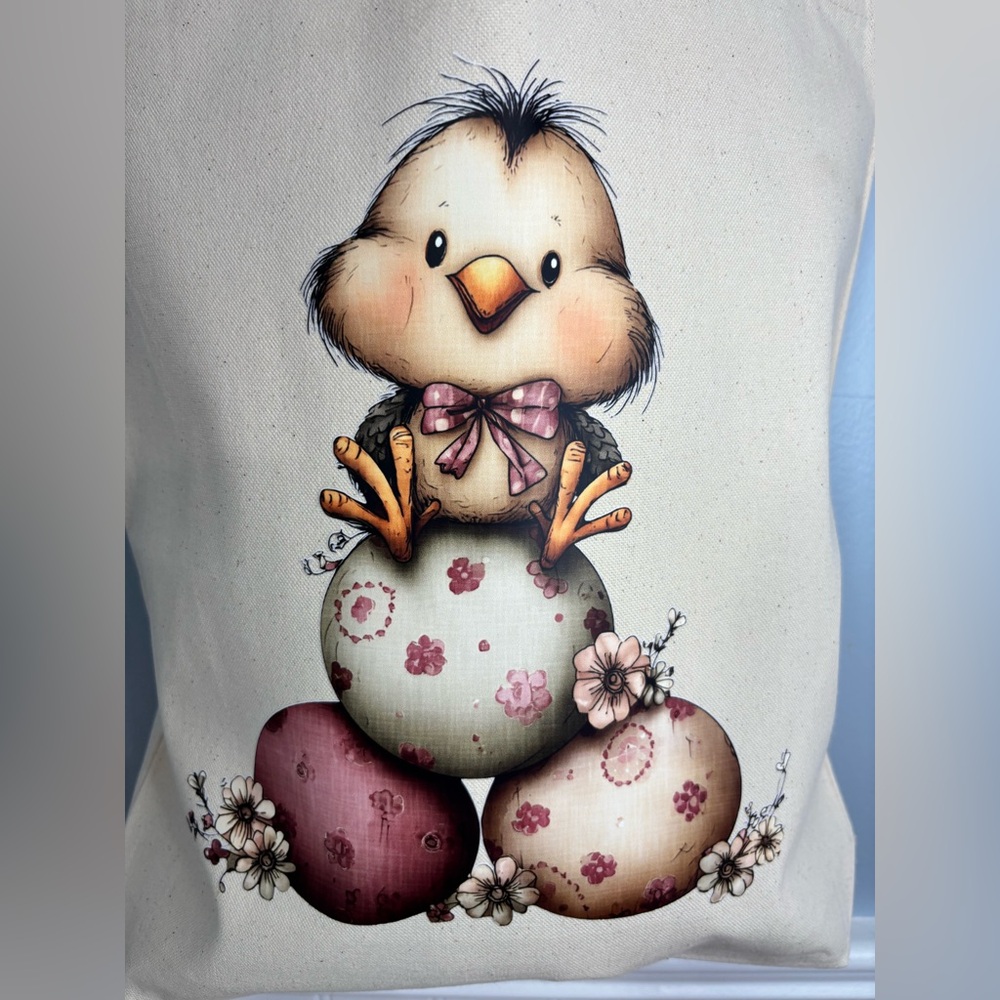 Cute Chick Tote Bag with Floral Eggs Cream Pink Easter Vibes Groceries Handmade - Picture 5 of 8
